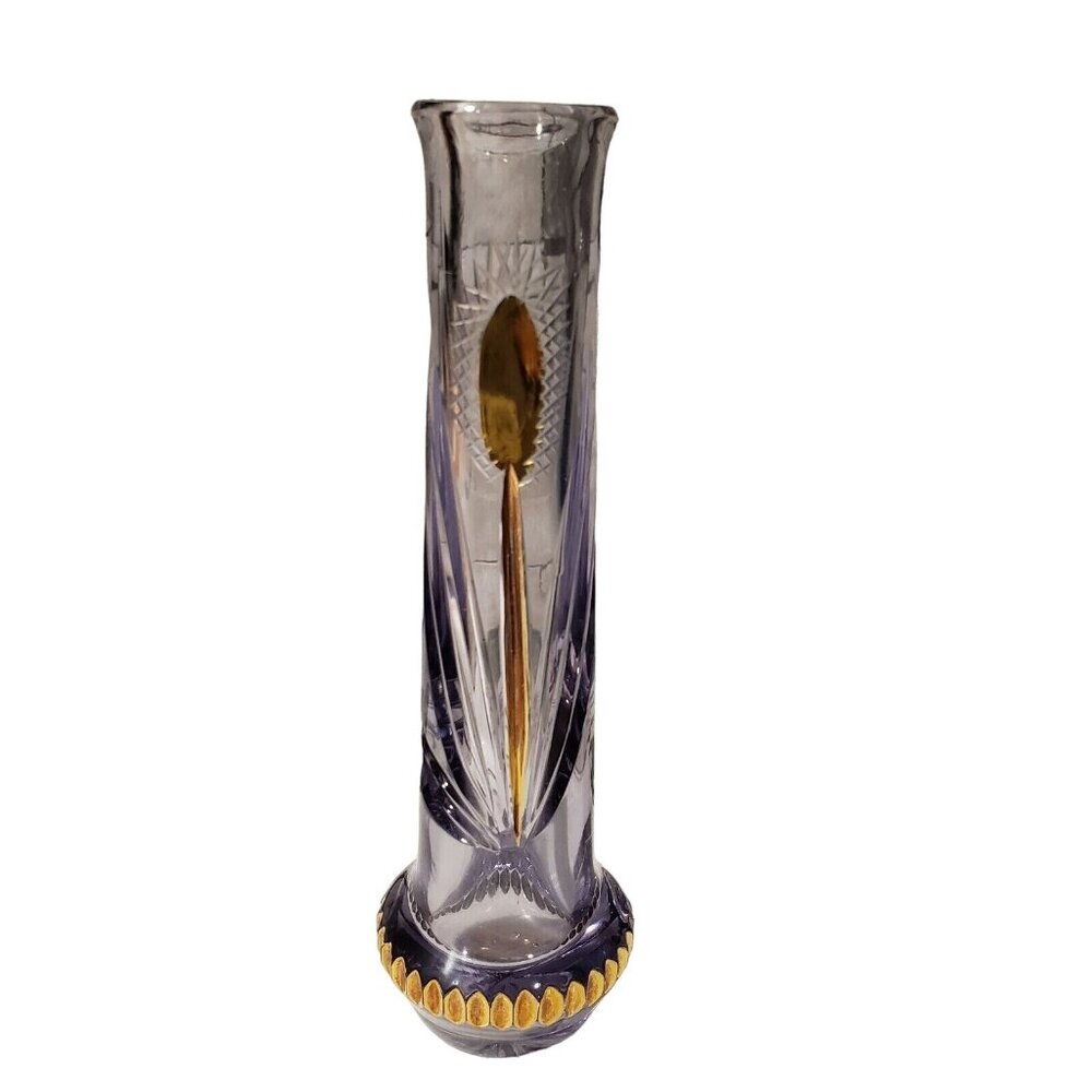 Bohemian Crystal Cut to Clear Amethyst Bud Vase Purple Gold Overlay